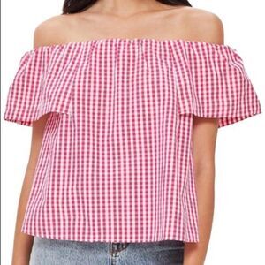 Topshop Maggie Bardot Pink & White Gingham Off the Shoulder Top